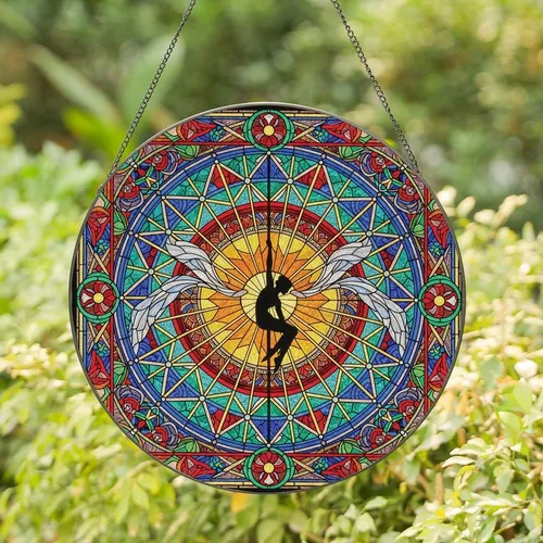 Art Lovers' Vibrant Tiffany Stained Glass Aerialist Silhouette Jewel Tone Ornate Floral Mosaic Stained Glass Suncatcher