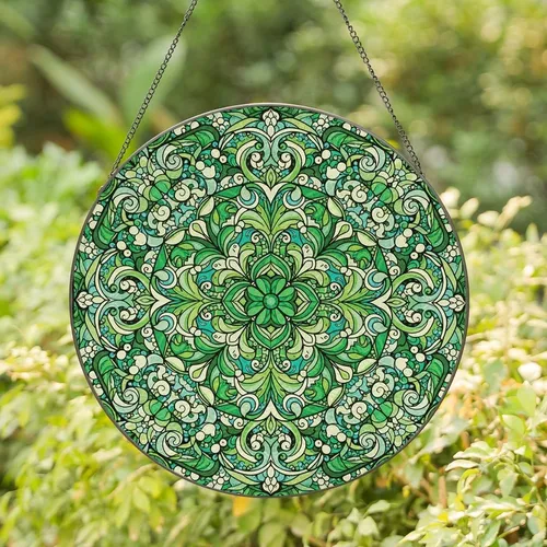 Art Lovers' Vibrant Tiffany Stained Glass Clover Mandala Emerald Teal Cream Botanical Mosaic Stained Glass Suncatcher