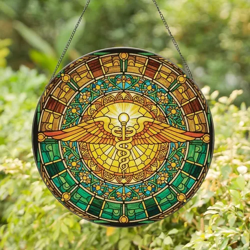 Art Enthusiasts' Intricate Tiffany Stained Glass Caduceus Wings Yellow Teal Orange Green Mosaic Stained Glass Suncatcher