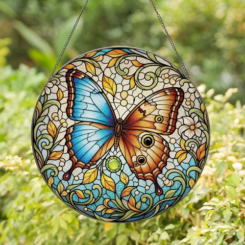 Nature Lovers' Jewel Tone Morpho Butterfly Tiffany Style Stained Glass Art Pattern Stained Glass Suncatcher