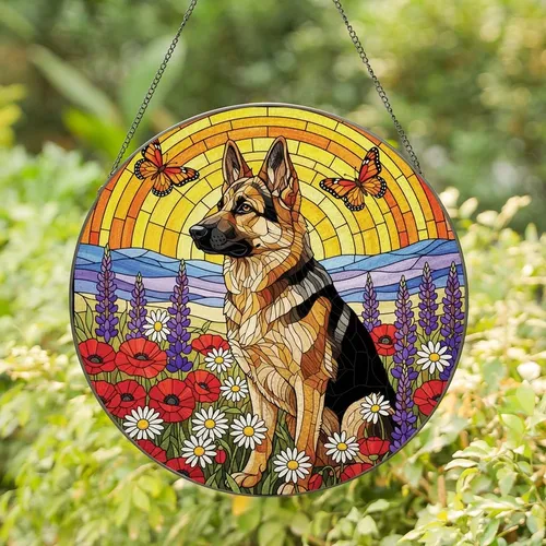 German Shepherd Lovers' Tiffany Stained Glass Dog Art: Poppies, Lupines, Butterflies, Sunset Sky Stained Glass Suncatcher