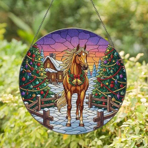 Holiday Horse Lovers' Vibrant Stained Glass Golden Horse Christmas Wreath Snowy Cabin Jewel Tone Mosaic Stained Glass Suncatcher