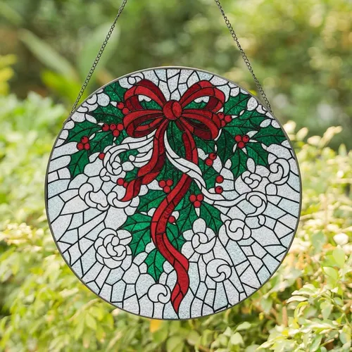 Holiday Style Enthusiasts' Glowing Tiffany Glass Red Bow Holly Berry Emerald Green Stained Glass Mosaic Stained Glass Suncatcher