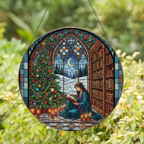 Book Lovers' Tiffany Stained Glass Reader Gothic Window Teal Indigo Amber Art Stained Glass Suncatcher