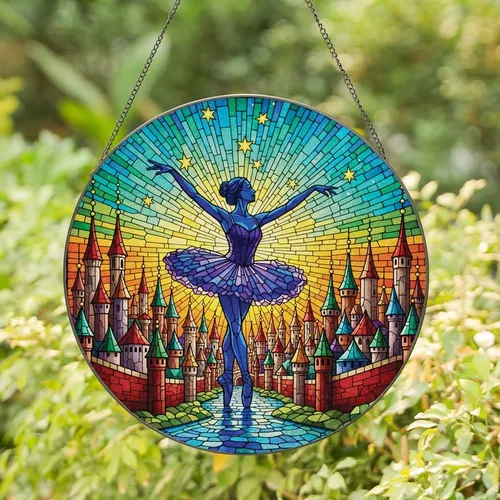 Ballet & Fantasy Art Lovers' Intricate Tiffany Stained Glass Castle Ballerina Jewel Tone Mosaic Stained Glass Suncatcher