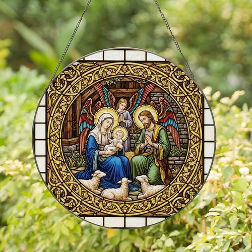 Traditional Art Lovers' Stained Glass Holy Family Tiffany Jewel Tones Ornate Floral Nativity Scene Deep Blue Gold Stained Glass Suncatcher