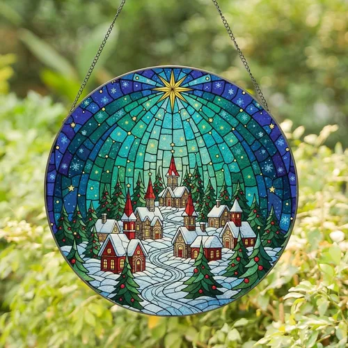 Holiday Art Lovers' Intricate Stained Glass Winter Village Bethlehem Star Jewel Tones Stained Glass Suncatcher