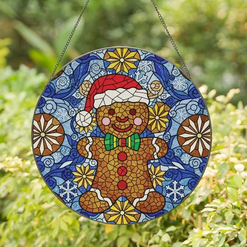 Holiday Enthusiasts' Cheerful Gingerbread Stained Glass Mosaic, Festive Winter Snowflakes, Red Green Blue Amber Tones Stained Glass Suncatcher