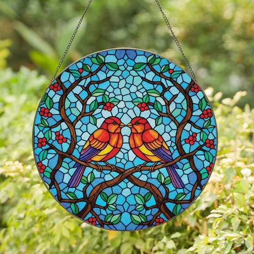 Art Enthusiasts' Tiffany Style Stained Glass Birds Red Orange Blue Green Berries Edge-to-Edge Mosaic Stained Glass Suncatcher
