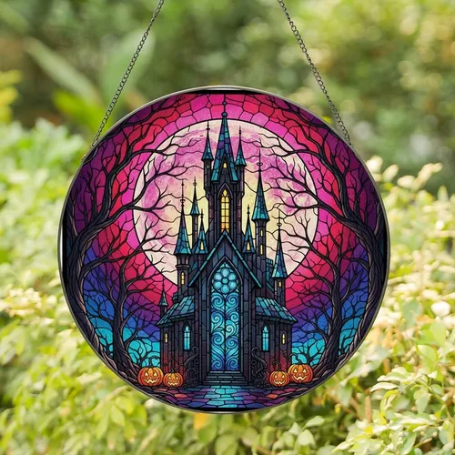 Gothic Art Lovers' Stained Glass Haunted Castle, Eerie Forest, Luminous Moon, Vibrant Jewel Tones, Edge-to-Edge Mosaic Stained Glass Suncatcher