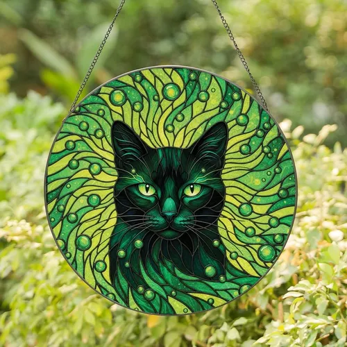 Cat Lovers' Stained Glass Black Cat Portrait Emerald Green Yellow Mosaic Aura Design Stained Glass Suncatcher