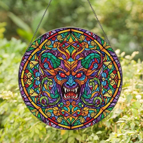 Fantasy Art Enthusiasts' Intricate Stained Glass Monster Jewel Tone Thorn Mosaic Stained Glass Suncatcher
