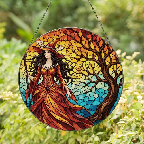 Fantasy Art Enthusiasts' Enchanting Witch Stained Glass Art Jewel Tone Orange Teal Mosaic Edge-to-Edge Stained Glass Suncatcher