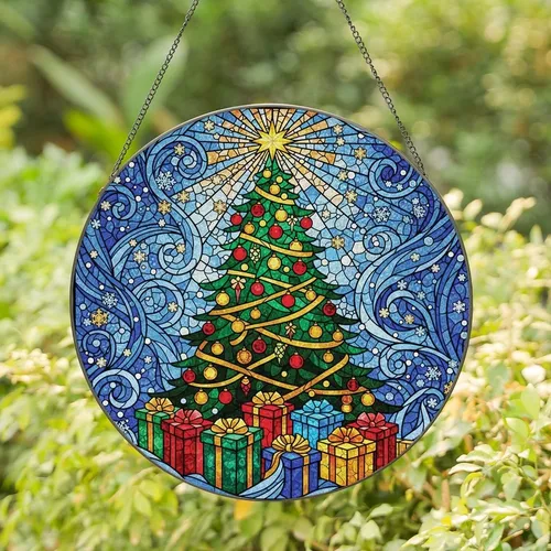 Holiday Enthusiasts' Tiffany Style Stained Glass Christmas Tree Design, Jewel Tone Ornaments & Gifts, Emerald Ruby Sapphire Amber Snowflake Mosaic Stained Glass Suncatcher