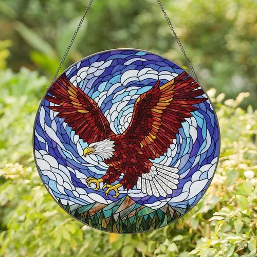 Art & Wildlife Lovers' Intricate Tiffany Glass Bald Eagle Descending Flight Mosaic, Jewel Tones Stained Glass Suncatcher