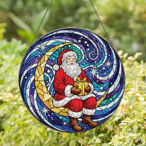 Holiday Enthusiasts' Intricate Stained Glass Santa Golden Moon Red Yellow Jewel Tone Celestial Mosaic Stained Glass Suncatcher