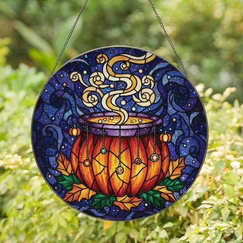 Mystical Decor Lovers' Tiffany Stained Glass Cauldron, Glowing Potion, Emerald Leaves & Deep Purple Mosaic Stained Glass Suncatcher