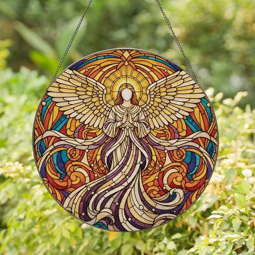 Spiritual Art Lovers' Majestic Tiffany Stained Glass Angel, Jewel Tone Gold Orange Teal Purple Heavenly Mosaic Stained Glass Suncatcher