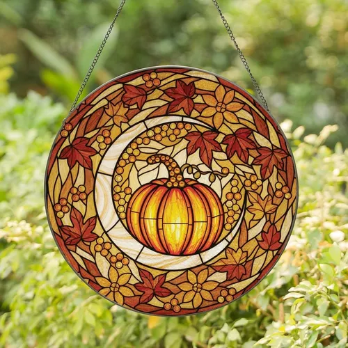 Autumn Lovers' Tiffany Stained Glass Luminous Pumpkin Iridescent Crescent Moon Amber Floral Mosaic Stained Glass Suncatcher