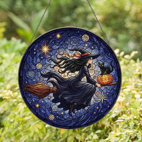 Witchcore Enthusiasts' Tiffany Style Stained Glass Young Witch Broom Cat Jack-o'-lantern Celestial Jewel Tone Mosaic Stained Glass Suncatcher