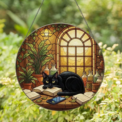 Cat & Book Lovers' Tiffany Stained Glass Black Cat Cozy Golden Window Mosaic, Jewel Tone Interior Stained Glass Suncatcher