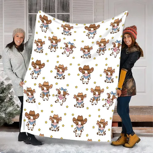 Cute Chibi Calf Cowboy Cowgirl Western All-Over Pattern in White, Blue, Brown, Yellow Quilt Bedding Set