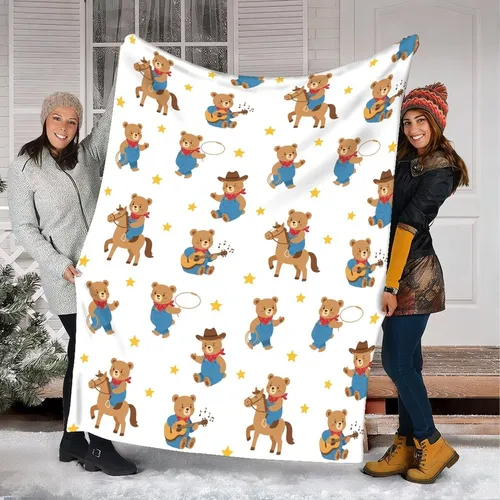 Whimsical Cartoon Cowboy Bear Pattern: Brown Bears, Blue Overalls, Red Bandanas, Yellow Stars Quilt Bedding Set