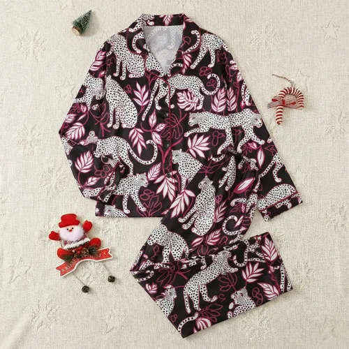 Women's Playful Leopard Jungle Print Sleep Set with Shorts & Top: Black, White & Magenta Design Satin Pajamas Set