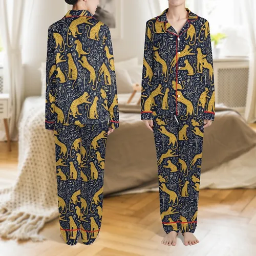 Women's Satin Pajama Set: Golden Ochre Leopard Poses - Navy Blue Short Sleeve Lapel Top & Shorts Satin Pajamas Set