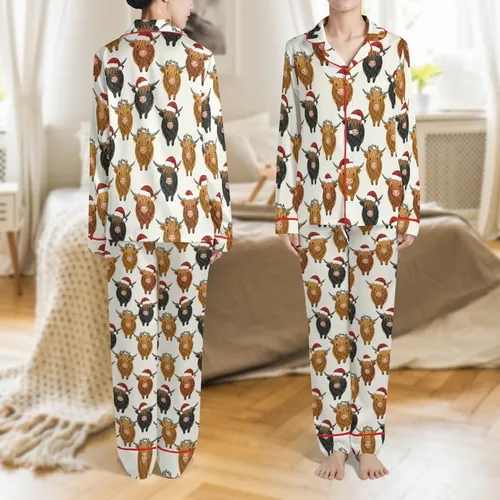 Highland Cow Lovers' Festive Shaggy Cow Santa Hat Pattern Soft Cotton Loungewear Satin Pajamas Set