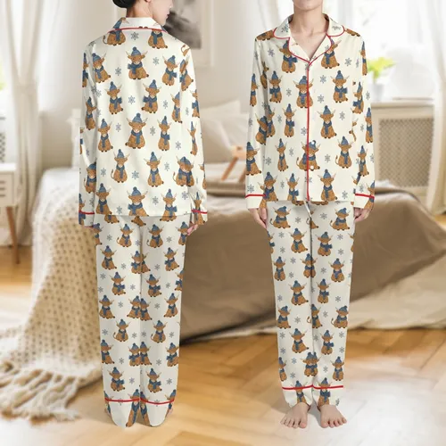 Chilly Season Highland Cow: Knitted Beanie & Scarf Snowflakes Rustic Loungewear Satin Pajamas Set