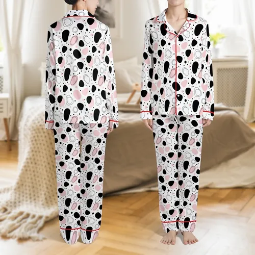 Women's Whimsical Cow Pajama Pants: Organic Black, Pastel Pink & White Blob Print Satin Pajamas Set