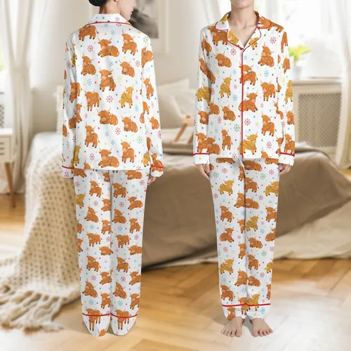 Highland Cow Christmas Pajamas: Fluffy Calves & Multicolored Lights All-Over Print Set Satin Pajamas Set