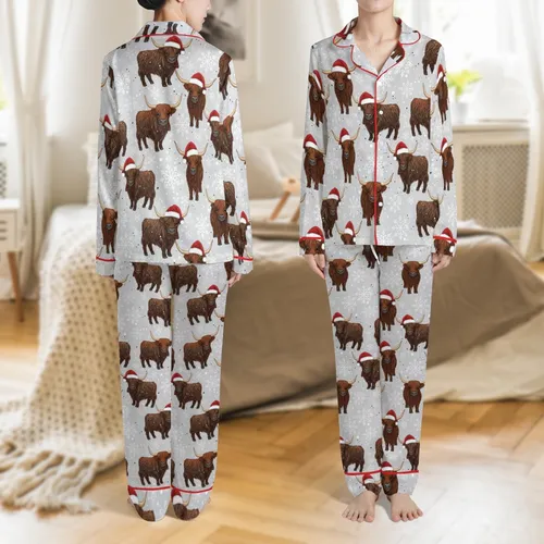 Coquette Highland Cow Christmas Design: Western Santa Hat & Snowflake Digital Art File Satin Pajamas Set