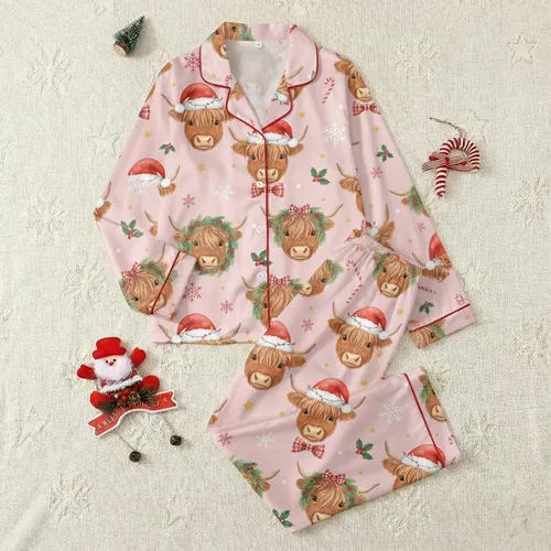 Coquette Christmas Highland Cow Watercolor Pattern with Santa Hats & Plaid Bows Festive Pink Aesthetic Sleep Set Satin Pajamas Set