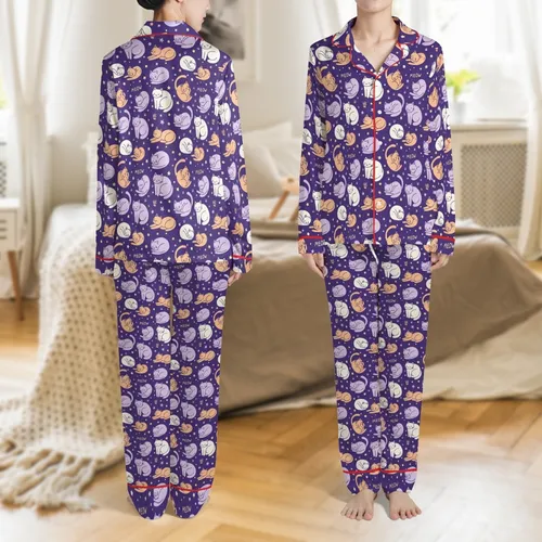 Family Matching Cat Lovers: Whimsical Deep Purple Cartoon Cat Pattern with Stars & Paws Cozy Pajama Set Satin Pajamas Set