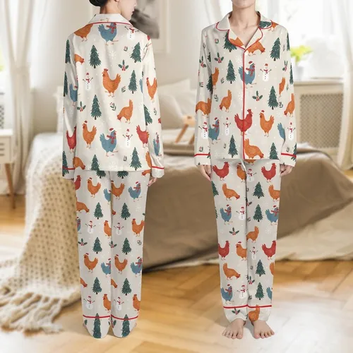 Christmas Family Matching: Whimsical Chicken Santa Hat & Holly Pattern Soft Stretch Sleep Set Satin Pajamas Set