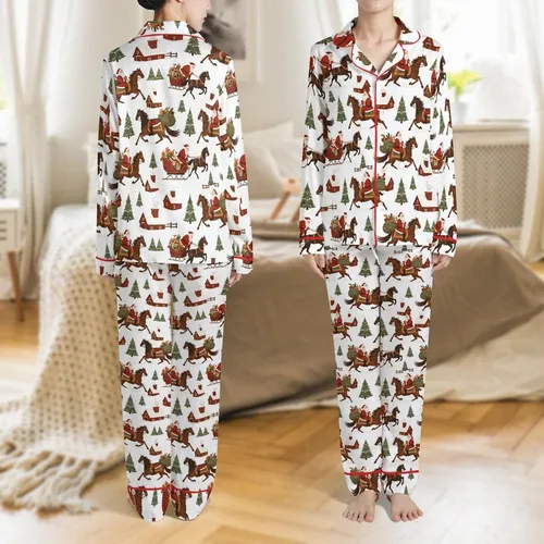 Family Christmas Sleep Set: Cowboy Santa Horse Ride & Rustic Village Pajamas Satin Pajamas Set