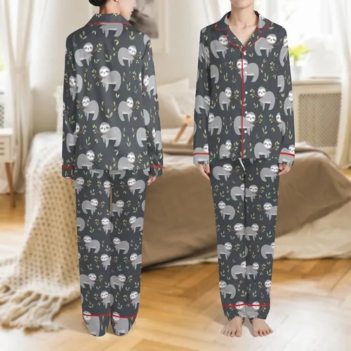 Sloth Lover's Whimsical Illustrative Sloth Pattern Low Top Canvas Shoes Satin Pajamas Set