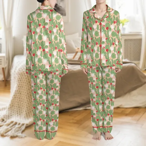 Cactus Lover Pajamas: Blush Pink Desert Floral Print Sleep Set for Kids & Adults Satin Pajamas Set