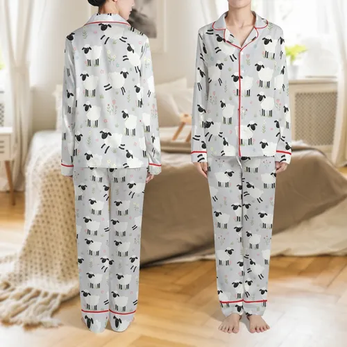 Sheep Lover Pajamas: Cheerful Fluffy Sheep & Pastel Wildflowers Sleep Set Satin Pajamas Set