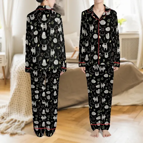 Personalized Sloth Pajamas: Kids, Youth, Adult Black Jungle Vine Flat Art Print Satin Pajamas Set