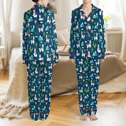 Llama Lover's Playful Pajamas: Cartoon Alpaca, Cactus & Hot Air Balloon Deep Blue Sleep Set Satin Pajamas Set