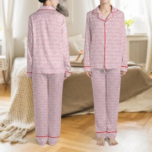 Daughter's Custom Name Velveteen Plush: Olivia Pink Heart Serif Font Design Keepsake Satin Pajamas Set