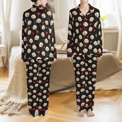Personalized Family Christmas Sleepwear: Golden Retriever Puppy Face & Red Heart Pattern Satin Pajamas Set