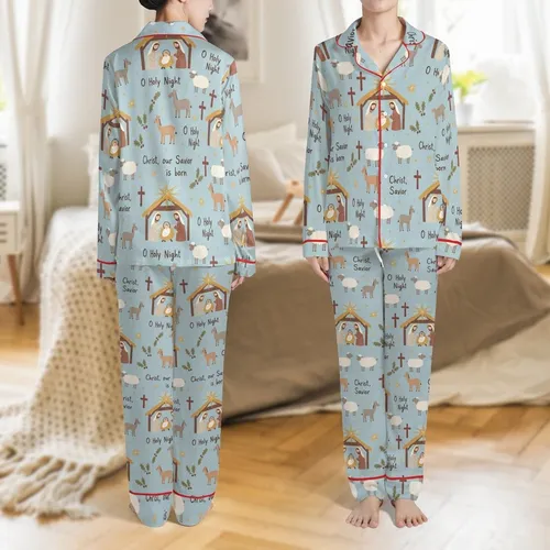 Family Christmas: Oh Holy Night Nativity Scene, Baby Jesus & Holy Family Folk Art Pattern – Soft Knit Polyester Spandex Sleep Set Satin Pajamas Set