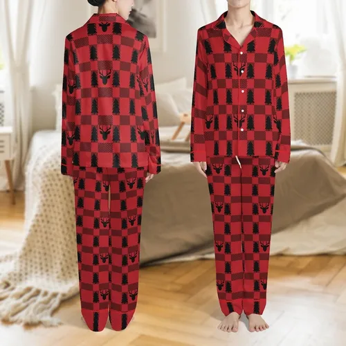 Family Matching Holiday Pajamas: Rustic Red & Black Buffalo Plaid Deer Tree Pattern Satin Pajamas Set