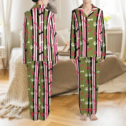 Dog Lover's Playful Paw Print & Stripe Graphic: Hot Pink, Olive Green Canine Sleepwear Design Satin Pajamas Set