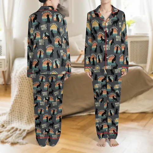 Boston Terrier Mom Pajamas: Vintage Wiggle Butt Graphic with Black Dog Silhouettes & Muted Striped Sun Art Satin Pajamas Set