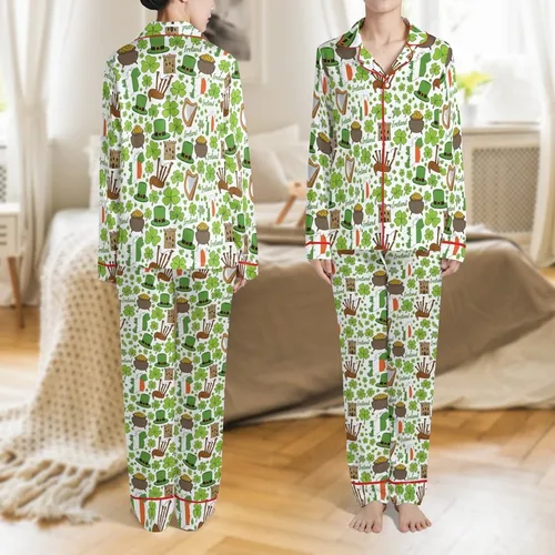 Irish Heritage Pajama Bottoms: Shamrocks, Leprechauns & Castles Pattern - Polyester Knit Lounge Comfort Pants Satin Pajamas Set